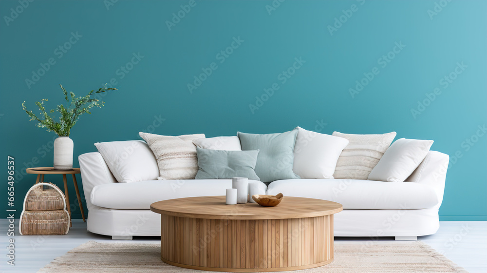 Big and comfortable living room with white sofa in luxury mansion. Generative Ai.