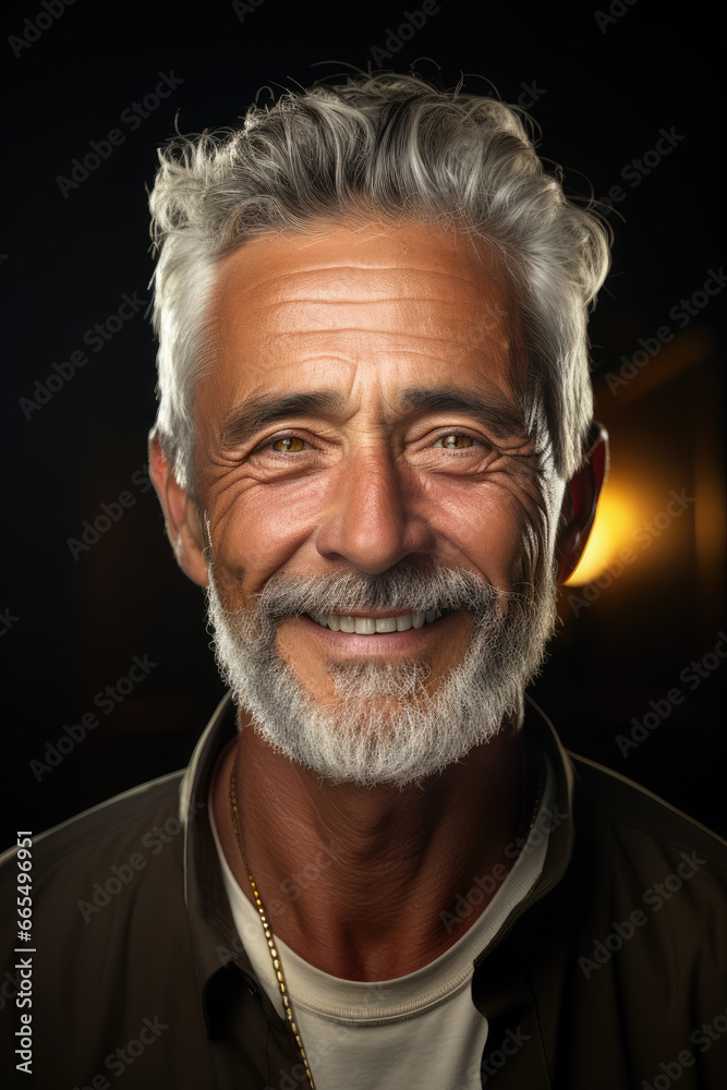 light and shadow play of a handsome 70 year old man