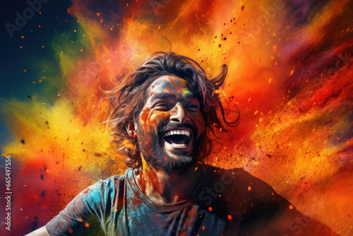 Happy young Indian man celebrating Holi festival with splash of colors