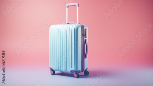 Vacation luggage concept, background with space for text. Cyan baggage mockup.
