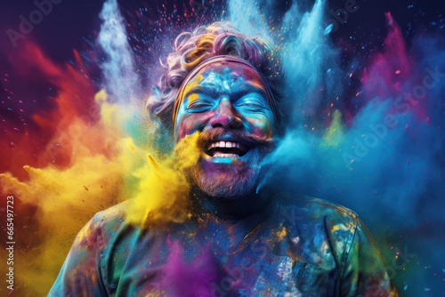 Happy young Indian man celebrating Holi festival with splash of colors