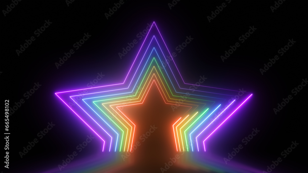 3d render, Abstract colorful star neon background with glowing lines 3d render, Abstract colorful star neon background with glowing lines