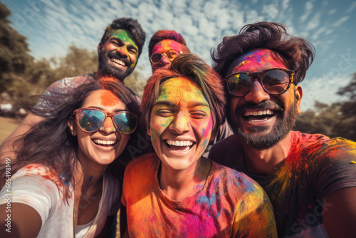 Group of happy young Indian friends celebrating Holi festival with splash of colors