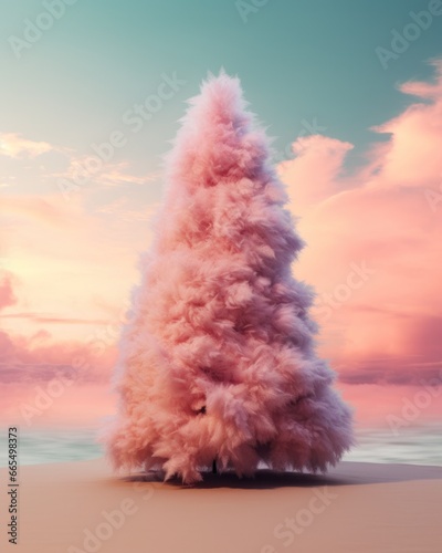 Conceptual pink christmas tree on the beach. Pastel sunset or sunrise. Pink cloud puffy smoke of y2k, y2k aesthetic, millennial pink tree.