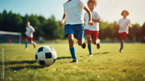 Kids playing soccer on the grass © tashechka