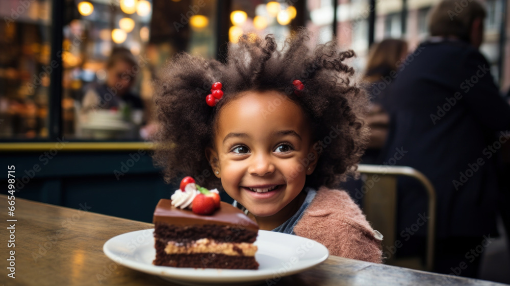 Happy girl in a street cafe with cake Happy girl in a street cafe with cake