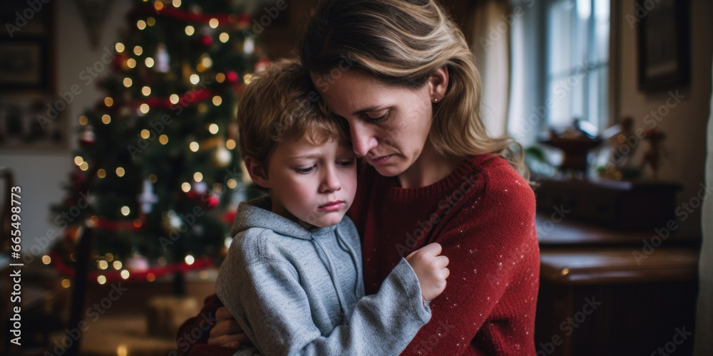 A distraught child with mother sits by the Christmas tree A distraught child with mother sits by the Christmas tree