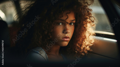 Girl with curly dark hair looking through car window © tashechka