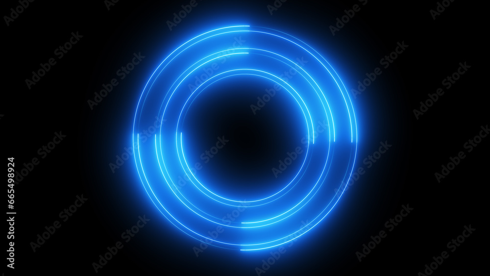 Abstract blue neon glowing circle frame on black background. Futuristic technology concept Abstract blue neon glowing circle frame on black background. Futuristic technology concept