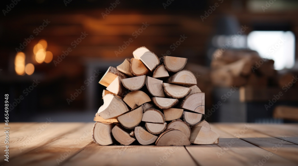 Stack of firewood on the table against the blurred background Stack of firewood on the table against the blurred background