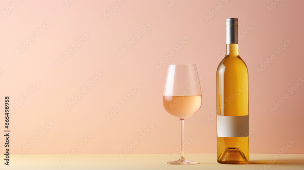 White wine bottle with a glass on a pastel pink background White wine bottle with a glass on a pastel pink background