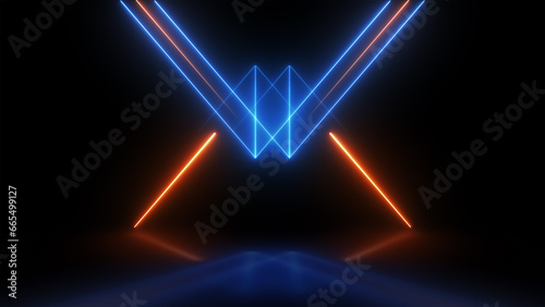 3d render, abstract neon background with blue and orange laser beams. Futuristic technology concept