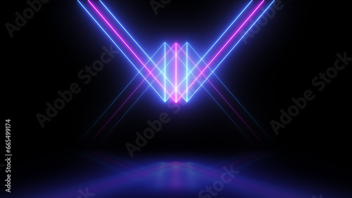 Abstract neon background with glowing blue and purple laser beams. Futuristic technology concept.