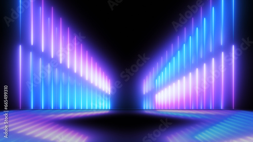 Abstract neon background with glowing blue and purple laser beams. Futuristic technology concept.