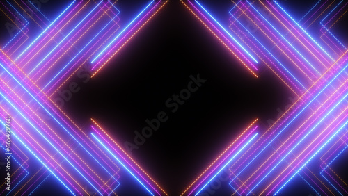 Abstract neon background with glowing blue and purple laser beams. Futuristic technology concept.