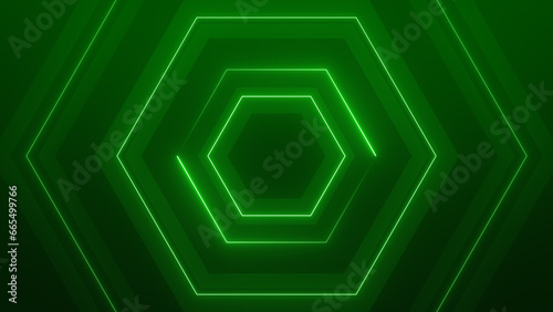 Abstract neon green background with glowing hexagon and lines