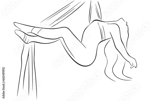 Hand drawn minimalistic black and white line drawing of a girl gymnast silhoutte. Line art
