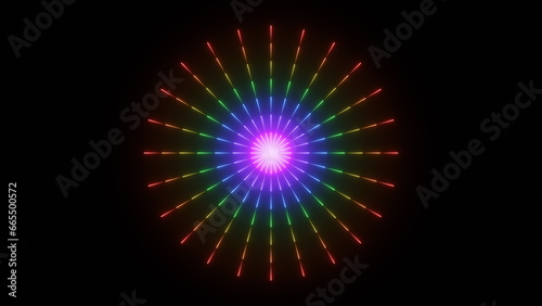 Colorful neon glowing star burst on black background