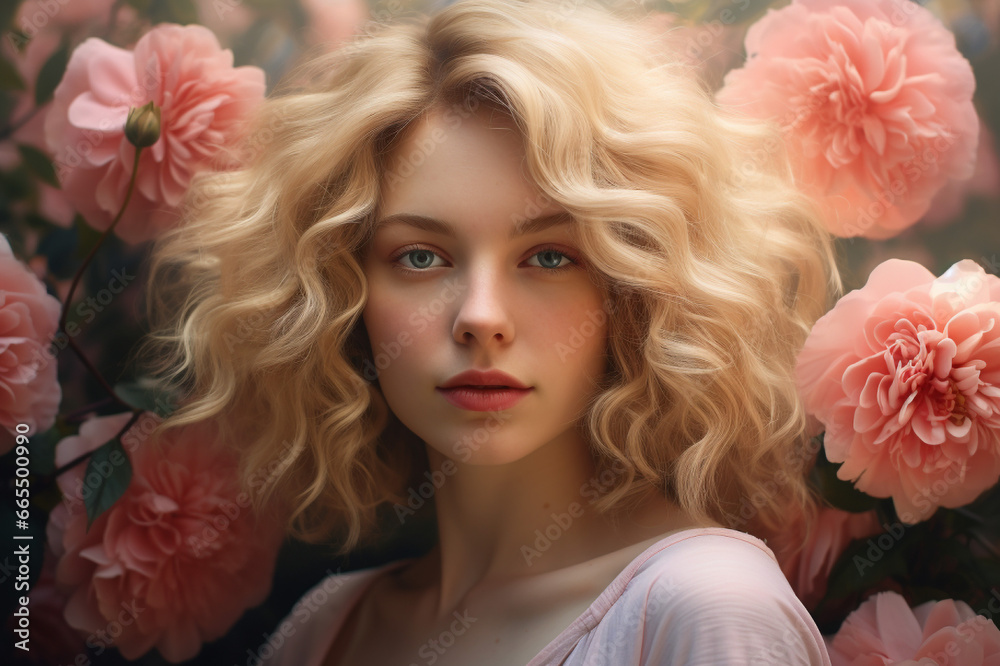 Portrait of a beautiful young blonde woman with curly hair on a background of flowers