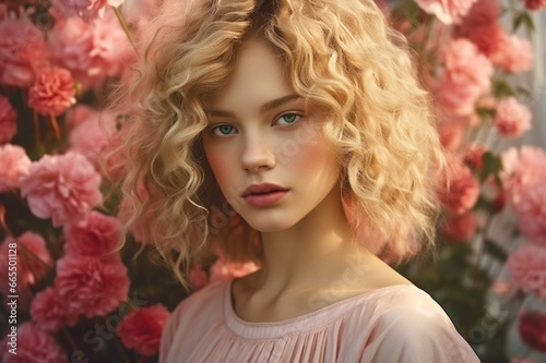 Portrait of a beautiful young blonde woman with curly hair on a background of flowers