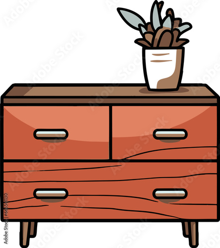 Minimalistic vector image of a dresser, blended with a comic style touch, featuring simple yet vibrant flat colors.