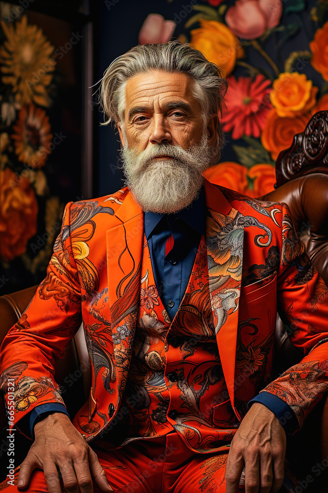 A fashionable man of advanced age with a white beard in an orange suit.