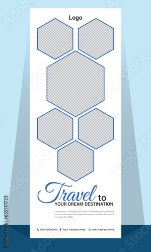 Modern and professional travel roll up banner design blue and white color  with polygon shape and high regulation 