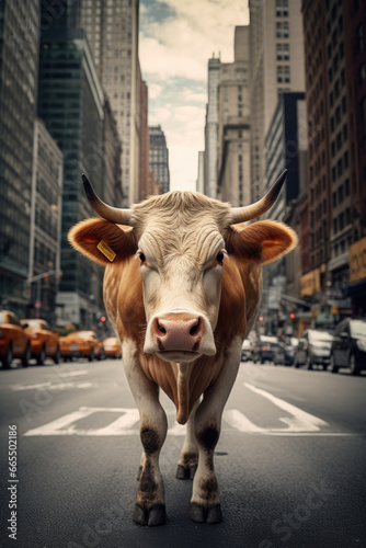 Cow on the street of New York City. AI generative art