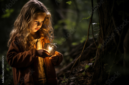 Lost 8 year old girl in a dark forest at night photo