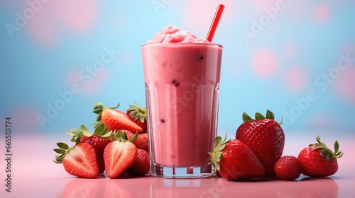 a strawberries smoothie with a straw and fruit on a table  photo