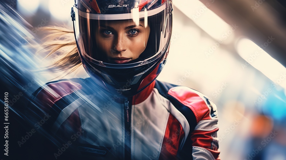 Woman in racing dress - female motosport car racer, blurred garage background