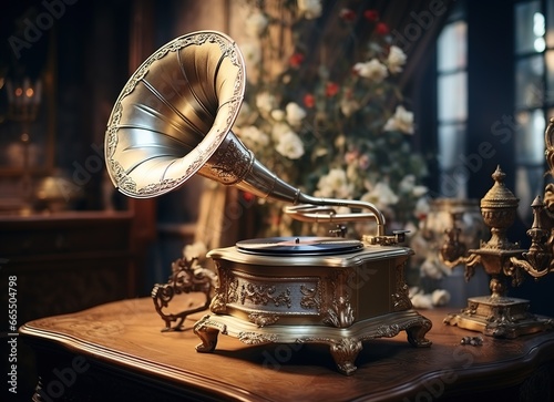 a gold gramophone on a table in a room full of decorations