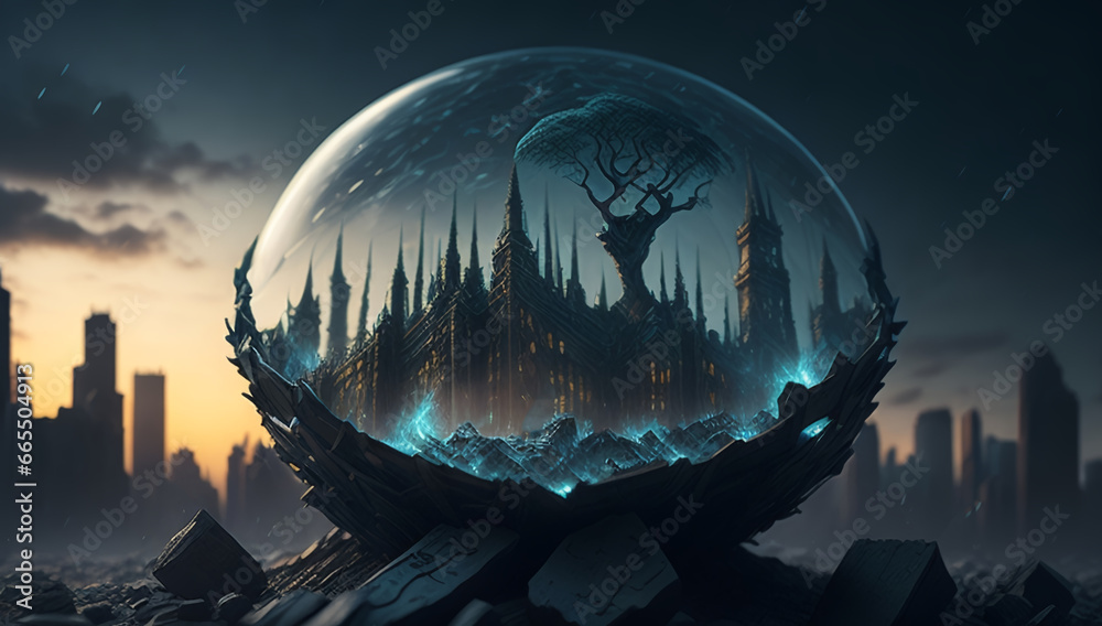 Magic ball, prediction, fantasy, future, gloomy destroyed world, darkness, dark planet. AI	
