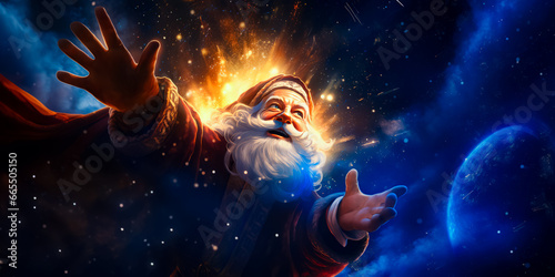 Illustration of Santa Claus or Saint Nicholas makes a magic on sparks sky background. Christmas fairytale.