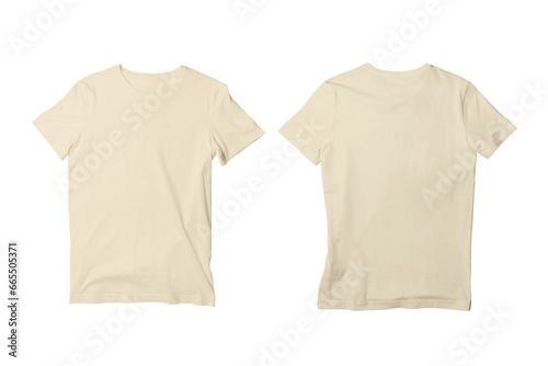 Blank Cream Isolated Unisex Crew Neck Short Sleeve T-Shirt Front and Back View Mockup Template