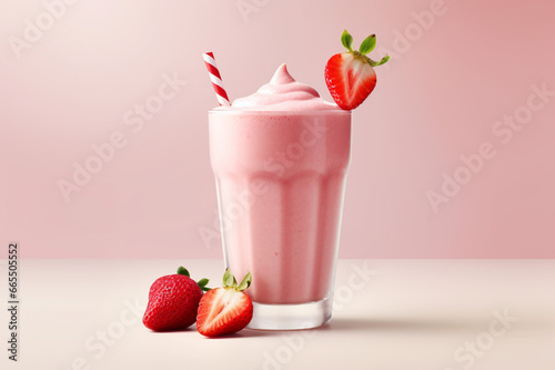 Strawberry milkshake in a glass on a pink background