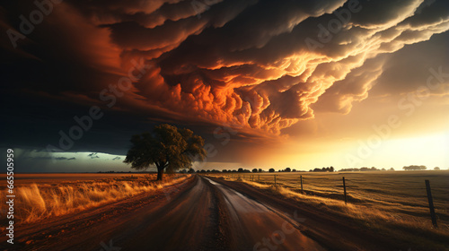 Dramatic orange cloud formation over a rural road at sunset.