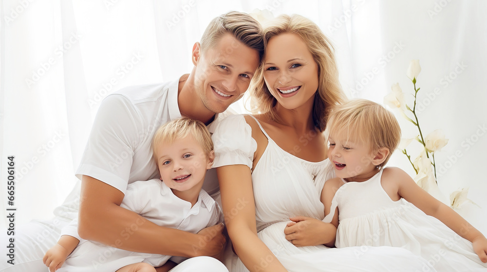 Happy couple with children are photographed in the studio in white clothes.