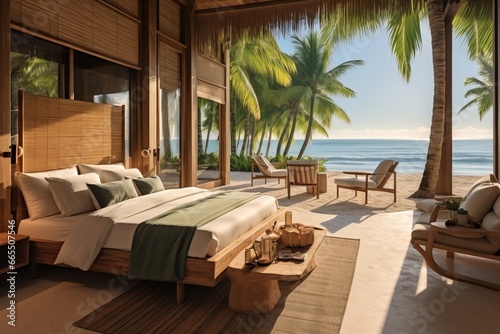 Modern bedroom with panoramic window in a villa with a sea view. Resort hotel room