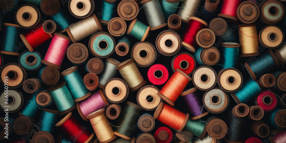 Various Multicolored Spools Of Thread Top View Created Using Artificial Intelligence - obrazy, fototapety, plakaty 