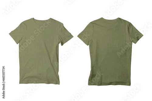 Blank Military Green Isolated Unisex Crew Neck Short Sleeve T-Shirt Front and Back View Mockup Template