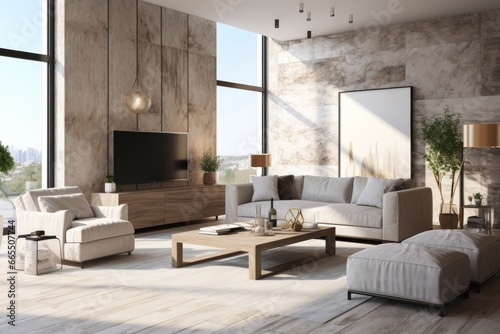 Modern living room in loft design with grey sofa and tv on the wall and coffee table. AI generated © Viktor