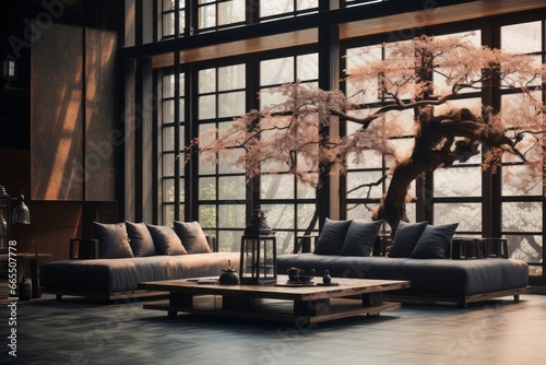 Asian Zen interior. Minimalist Japanese style design of modern living room. AI generated