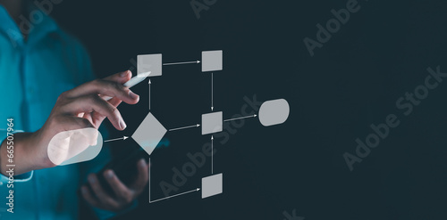 Workflow computer automation for business office. Developer writing flowchart to process workflow set plan and manage project data document. Computer git software system. Business technology