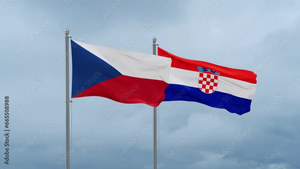 Croatia and Czech flag waving together on cloudy sky, endless seamless loop, two country cooperation concept Croatia and Czech flag waving together on cloudy sky, endless seamless loop, two country cooperation concept