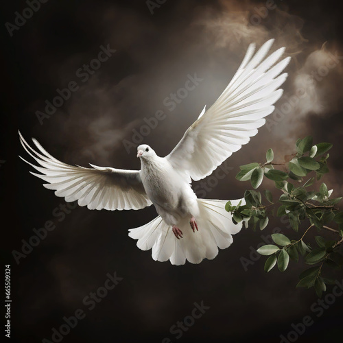 Dove Carrying Olive Branch Flying Over Earth, AI Generated © Kardell