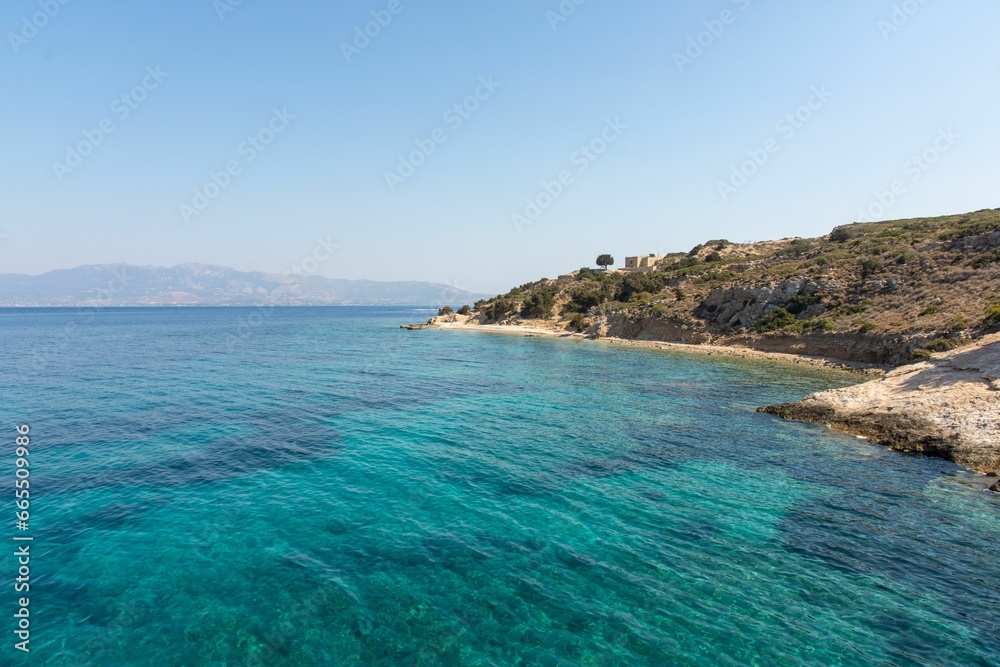 Plati - small island with church of Agios Nikolaos, Kos, Dodecanese, Greece, with beautiful bay with turquoise crystal water