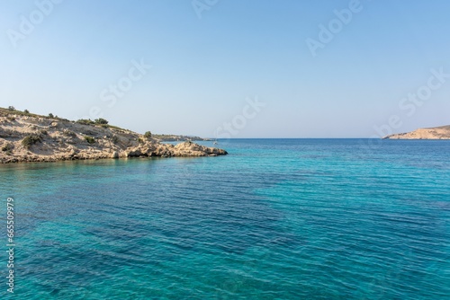 Plati - small island with church of Agios Nikolaos, Kos, Dodecanese, Greece, with beautiful bay with turquoise crystal water