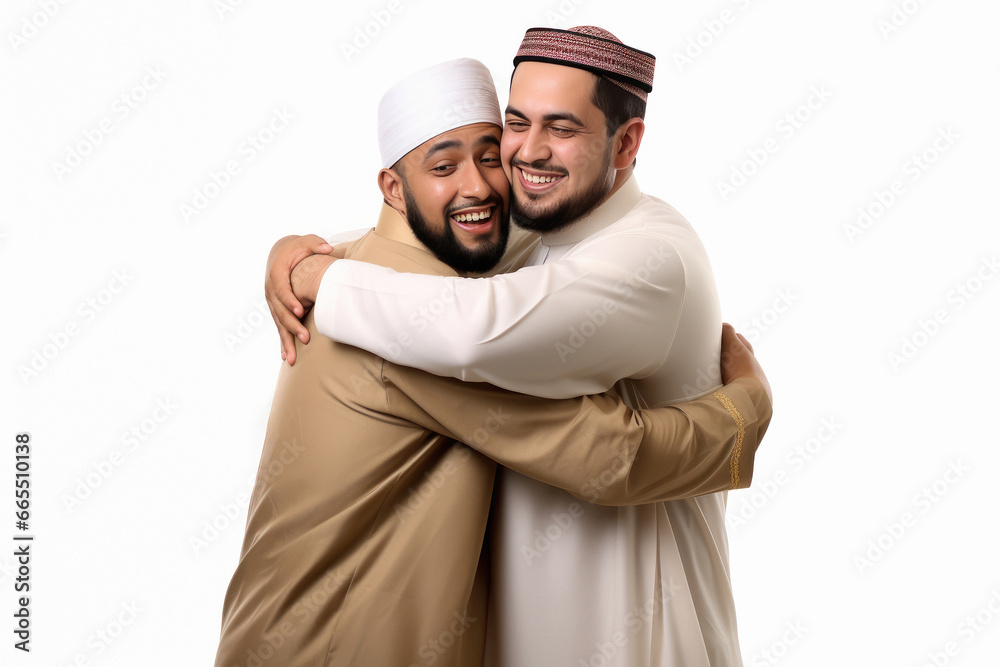 Two Muslim brothers hugging each other Two Muslim brothers hugging each other