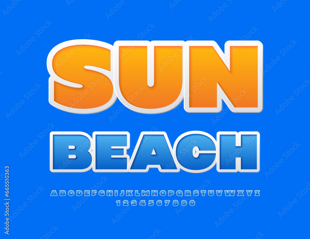Vector travel advertisement Sun Beach. Blue sticker Font. Creative Alphabet Letters and Numbers set
